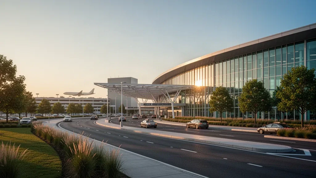 Exterior moderno de terminal aeroportuaria de vidrio con carretera curvada de descenso y vehículos durante la hora dorada en Long Island