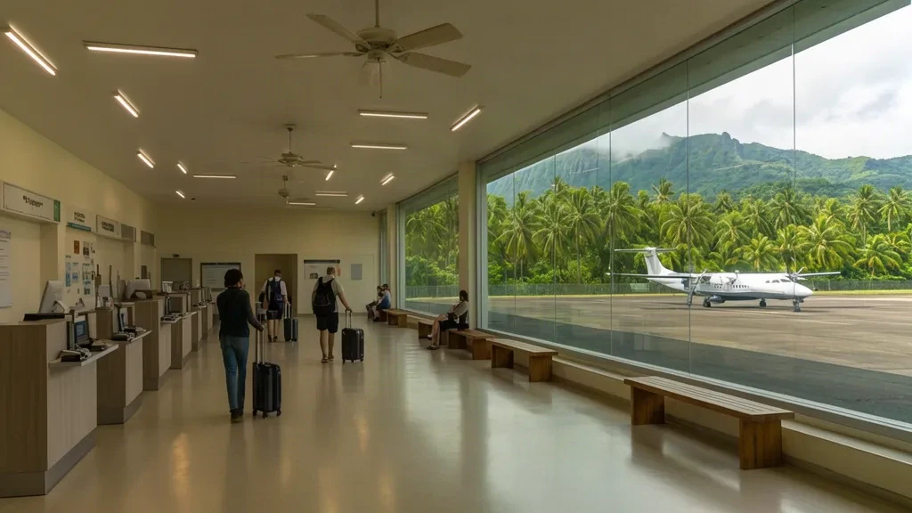 Intérieur du petit terminal régional de l'aéroport de Long Island LSJ avec comptoirs d'enregistrement et lumière du jour