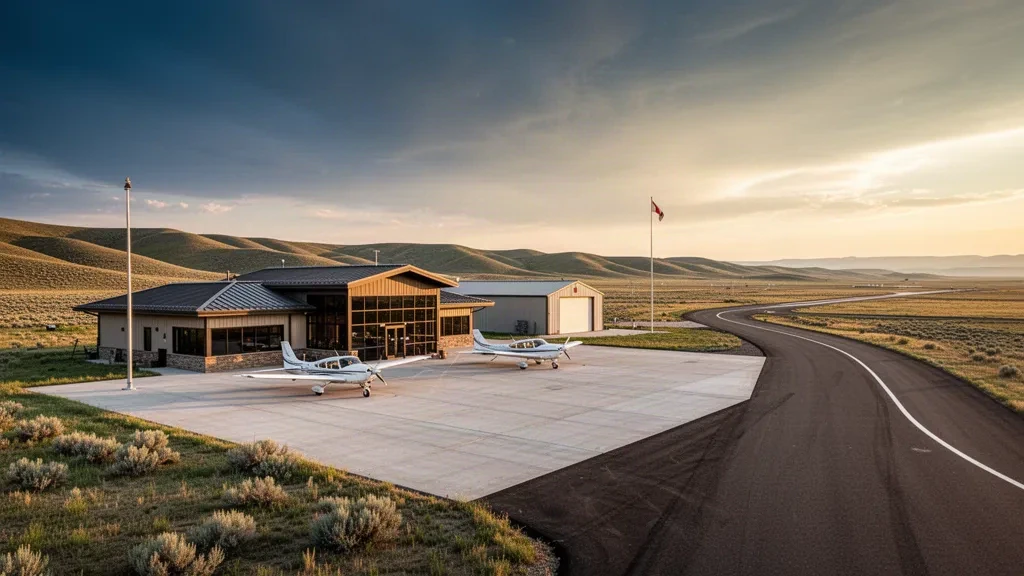 Ländliches Terminalgebäude und Vorfeld für Kleinflugzeuge am Lusk Municipal Airport in der Hochebene von Wyoming zur goldenen Stunde