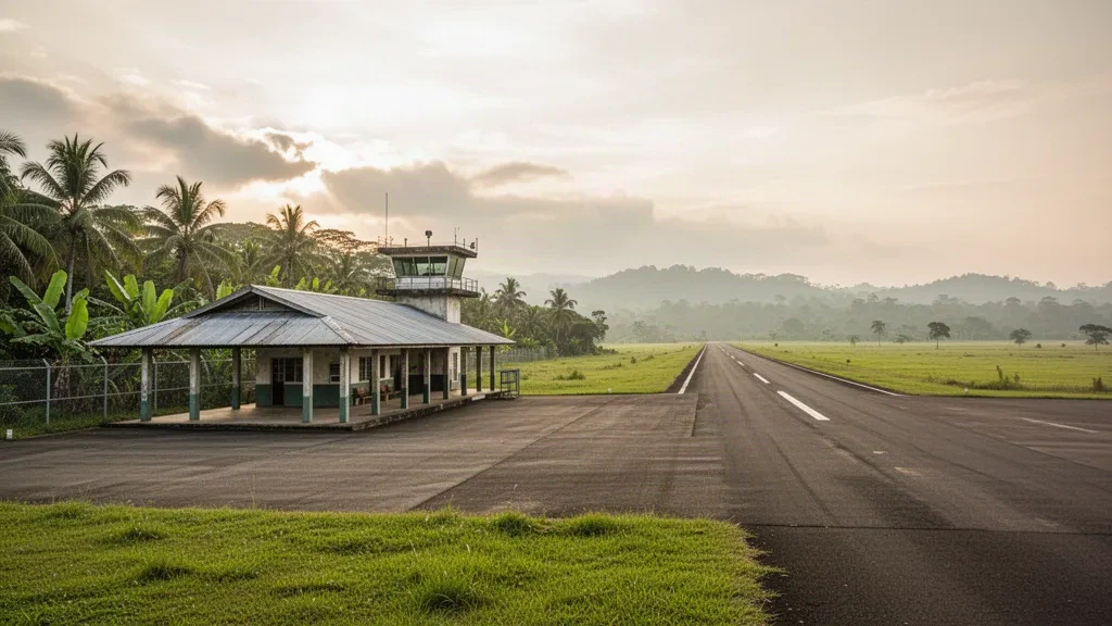 Small tropical regional airport terminal and grass-edged runway in Los Chiles, Costa Rica under warm late afternoon light