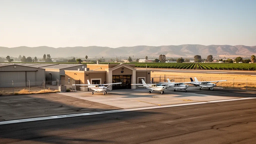 Single-engine aircraft parked beside low hangars and the small terminal at Los Banos Municipal Airport in California's Central Valley at golden hour