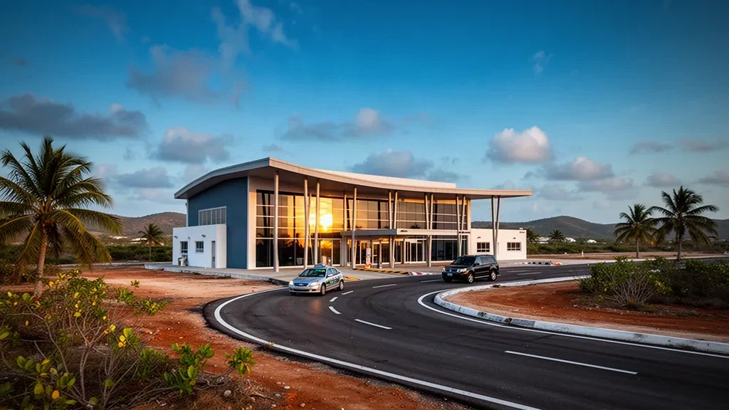 Modernes Glas-Terminal von außen und Abholspur am Josefa Camejo International Airport in Paraguaná, Venezuela, zur goldenen Stunde