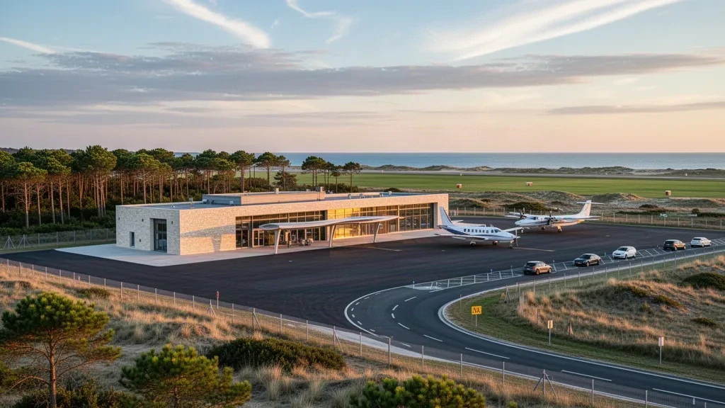 Terminal moderna y plataforma del aeropuerto de Les Sables-d'Olonne Talmont en Vendée, Francia, con la cálida luz del atardecer atlántico