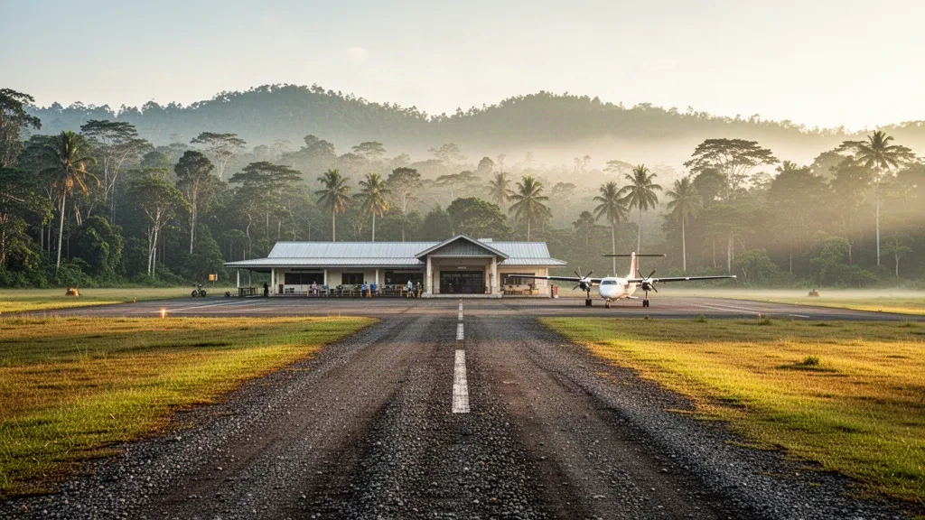 Petite piste rurale et terminal de l'aéroport de Long Semado dans le Sarawak, en Malaisie, entourés de forêt tropicale humide et de collines brumeuses au lever du soleil.