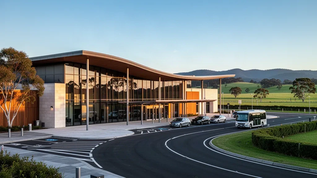 Moderner Terminal aus Glas und Holz am Flughafen Launceston in Tasmanien, mit Bringspuren, grünen ländlichen Hügeln und warmem Licht zur goldenen Stunde