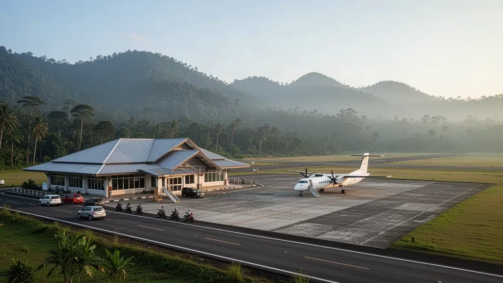 Terminal régional de l'aéroport d'Alas Leuser à Kutacane, Aceh, avec un turbopropulseur sur le tarmac et des montagnes brumeuses de forêt tropicale en arrière-plan