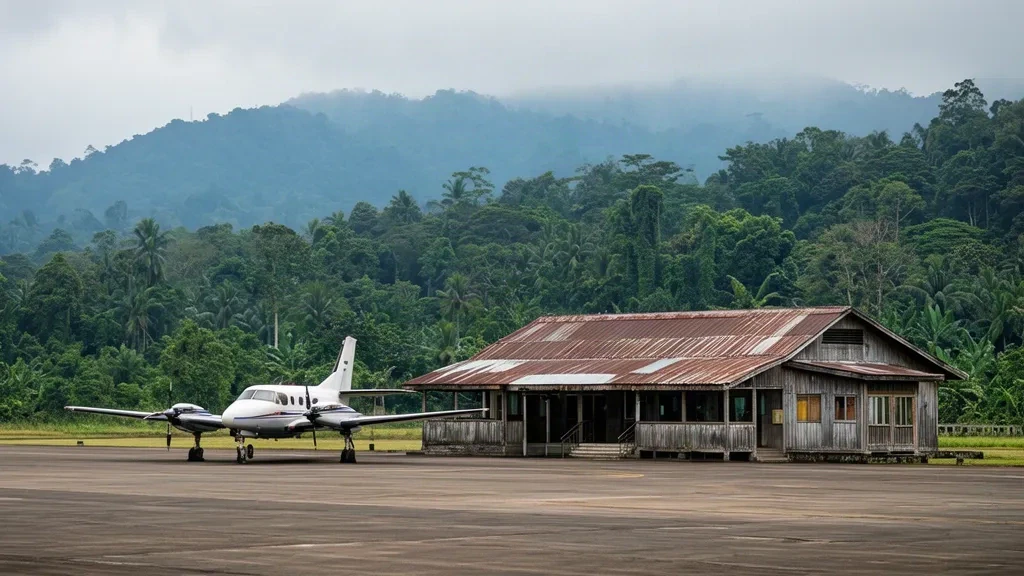Long Sukang Airport (LSU) terminal exterior in Sarawak, Malaysia, with a small aircraft on the tarmac surrounded by rainforest.