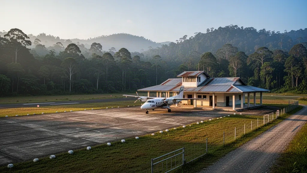 Abgelegene Hochlandpiste, kleines Terminal und abgestelltes Turboprop-Flugzeug in den Regenwaldhügeln Borneos am Flughafen Long Sukang in Sarawak, Malaysia