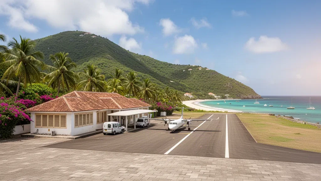 Pista di atterraggio su isola tropicale e piccolo terminal con tetto in terracotta all'aeroporto di Terre-de-Haut nelle Îles des Saintes, Guadalupa, incorniciati da palme e mare turchese