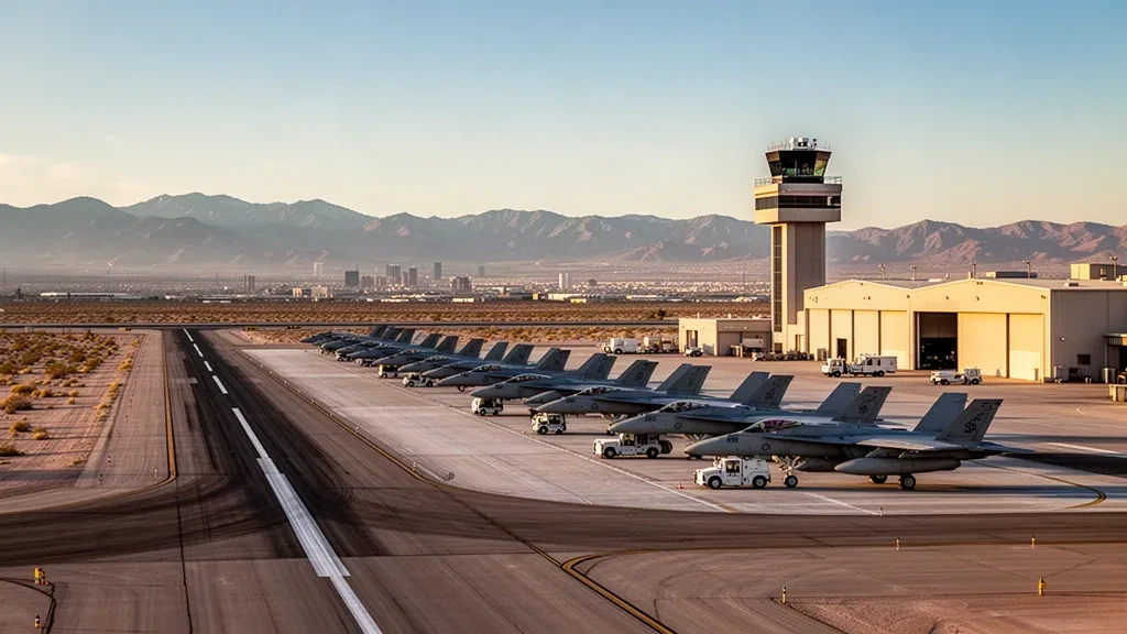 Weitwinkelaufnahme des Flugvorfelds der Nellis Air Force Base mit Kampfjets, Wüstenstartbahn und modernen Hangars im goldenen Licht Nevadas.