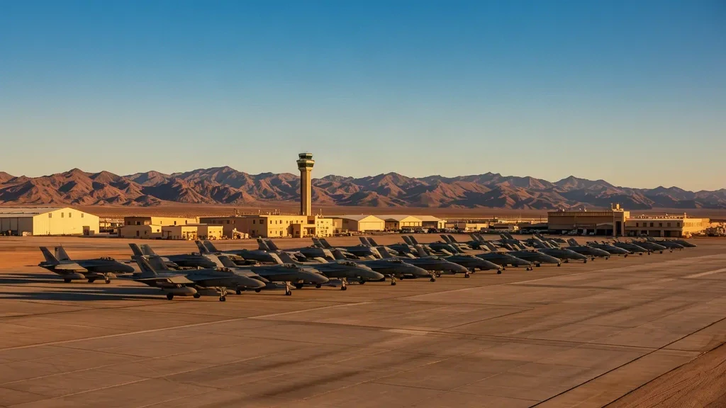 Kampfjets auf der sonnenbeschienenen Wüstenfluglinie der Nellis Air Force Base nahe Las Vegas mit Hangars und fernen Bergen