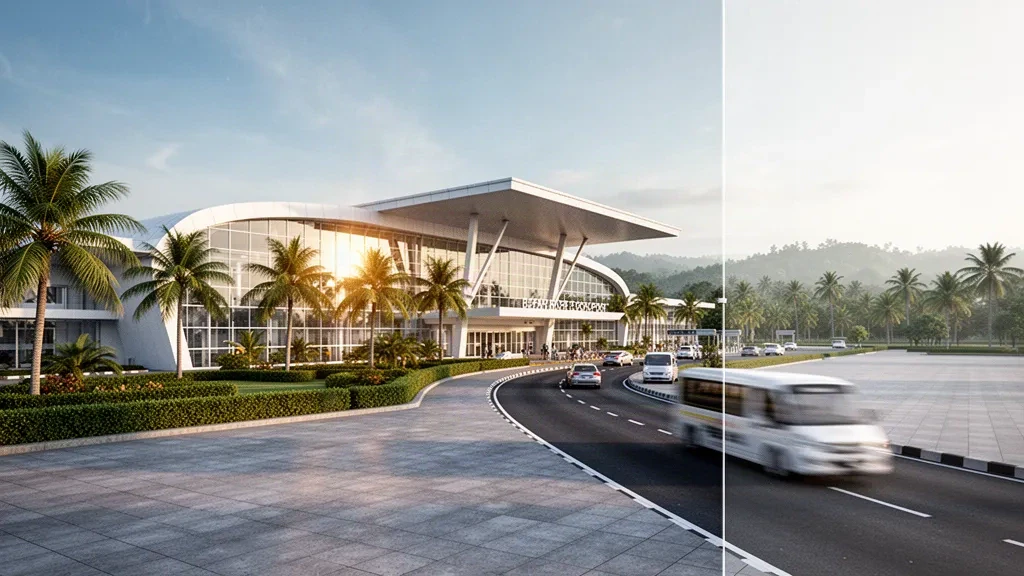 Exterior moderno de la terminal y carril de descenso en el aeropuerto Malikussaleh, en Lhokseumawe, Aceh, con cálida luz tropical de hora dorada