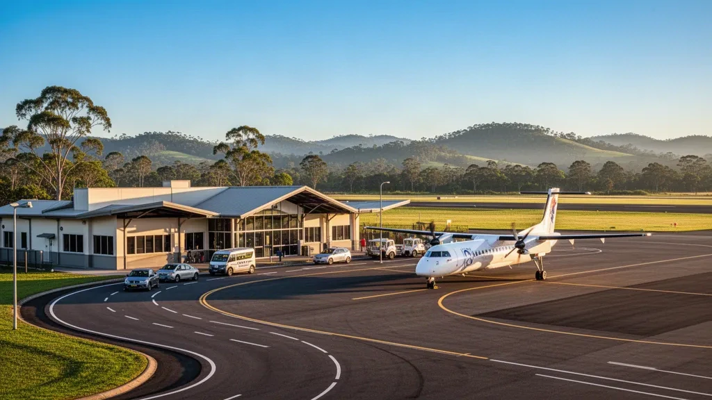 Terminal de aeropuerto regional y pista en Lismore, Nueva Gales del Sur, con un avión turbohélice bajo la cálida luz subtropical de la tarde