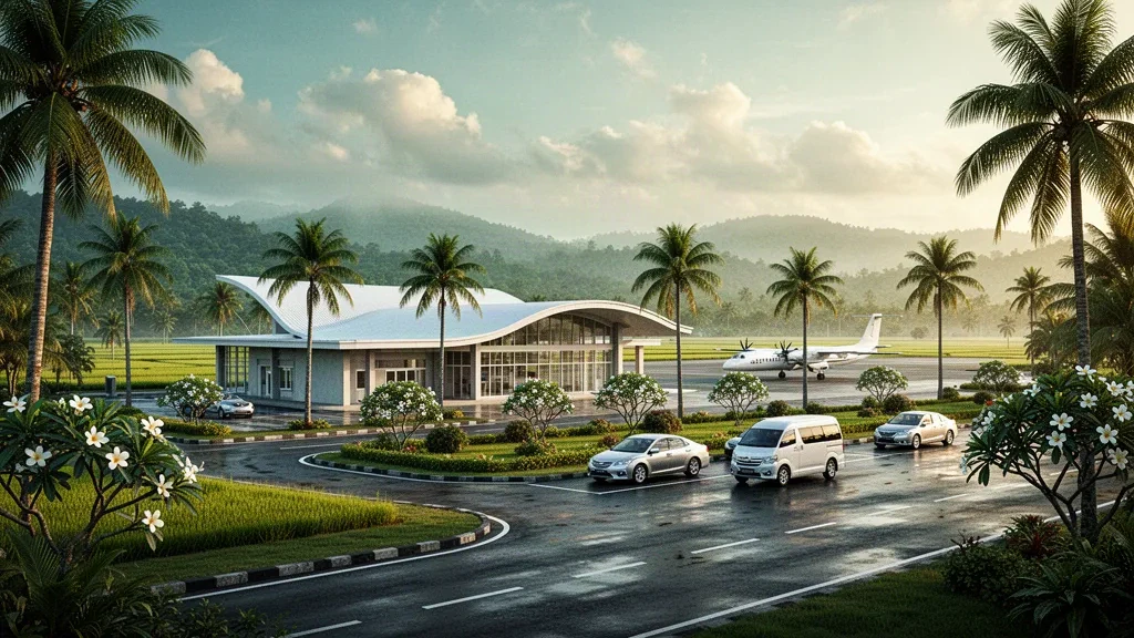 Flaches gläsernes Terminal und von Palmen gesäumte Vorfahrtschleife am Flughafen Lhok Sukon in Nord-Aceh, Indonesien, in warmem tropischem Licht