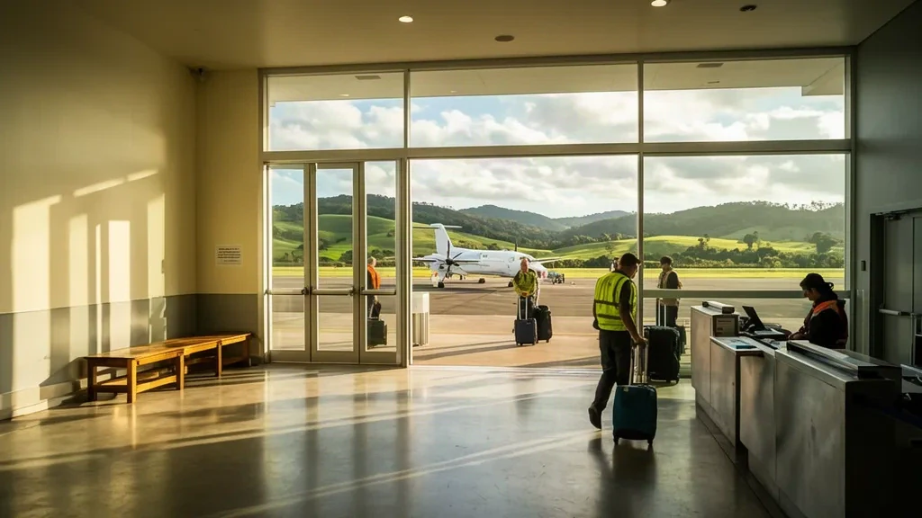 Viaggiatori con bagagli all'interno del luminoso terminal a un piano di Lismore Airport LSY nel New South Wales, con vista sul piazzale illuminato dal sole