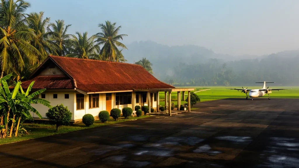 Edificio terminal tropical de baja altura y pequeña plataforma en el aeropuerto de Lhok Sukon, en Aceh del Norte, Sumatra, rodeado de palmeras en una mañana húmeda
