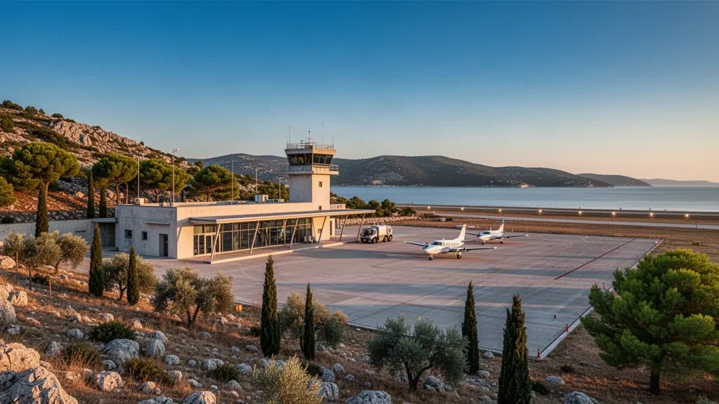 Petit terminal aéroportuaire d'une île méditerranéenne à Lošinj avec une façade vitrée basse, une aire de stationnement et des collines couvertes de pins à l'heure dorée