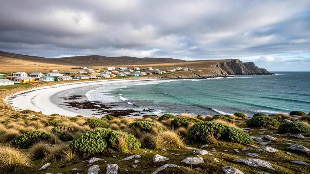 Costa de las Islas Malvinas azotada por el viento cerca de Stanley, con bahías de arena blanca, matas de tussock, casas coloridas y colinas escarpadas bajo un espectacular cielo del Atlántico Sur.