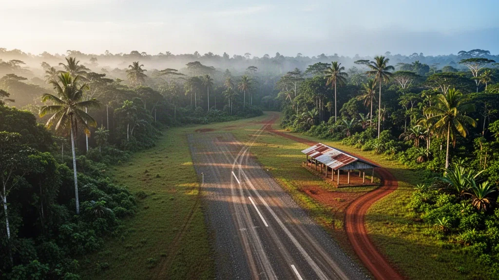 Grass runway and rainforest clearing at Leitre Airport in Papua New Guinea, a remote tropical bush airstrip at sunrise