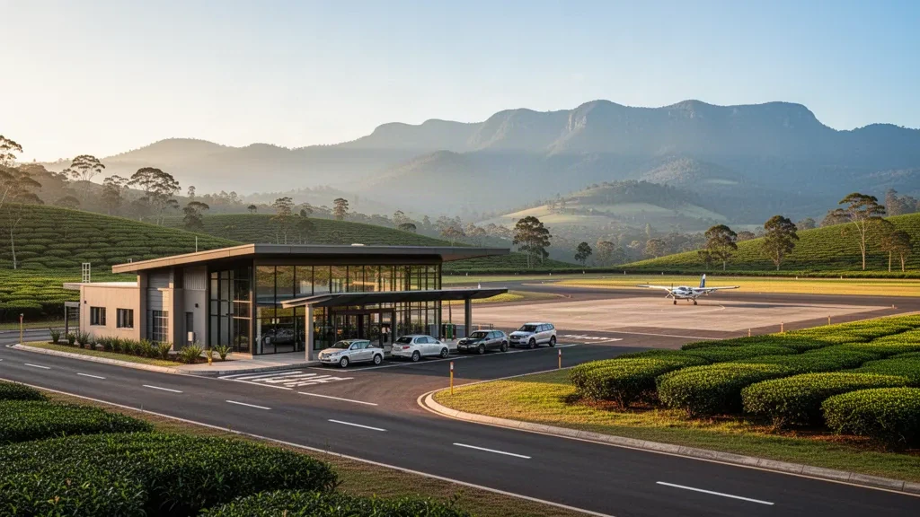 Terminal del Aeropuerto de Tzaneen y carril de descenso en Limpopo, Sudáfrica, rodeados de colinas verdes exuberantes durante la hora dorada.