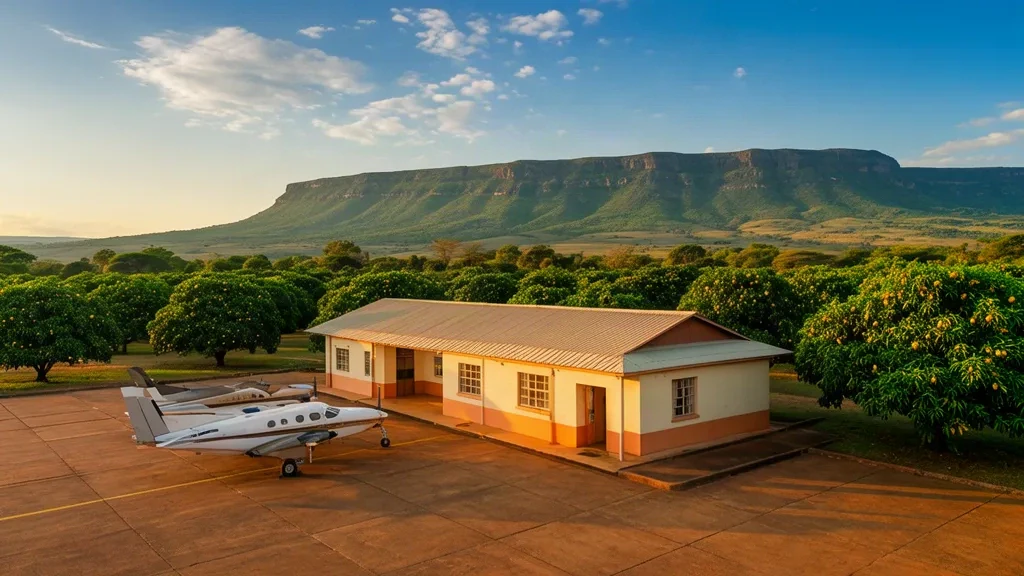 Vue extérieure de l'aéroport de Tzaneen dans le Limpopo, en Afrique du Sud, montrant le petit bâtiment terminal, le tarmac et le paysage de bushveld environnant