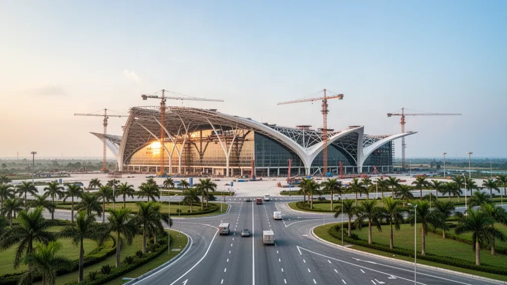 Terminal de cristal curvo del Aeropuerto Internacional de Long Thanh en construcción en Dong Nai, Vietnam, con grúas y paisajismo tropical