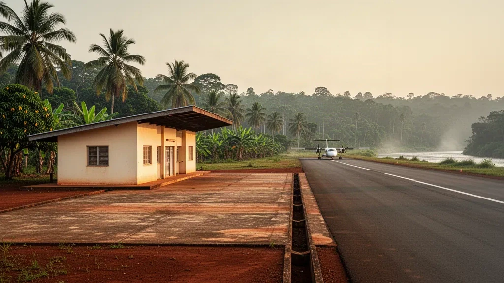 Small regional airport terminal and runway surrounded by tropical rainforest near Lastourville in Gabon