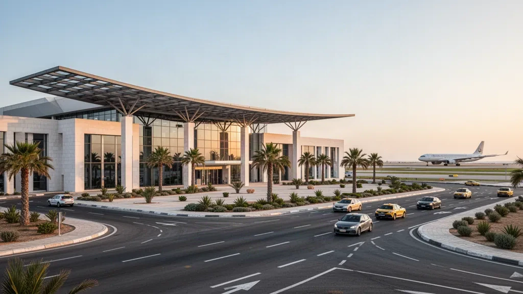 Modern glass terminal, palm-lined access lanes, and golden-hour light at Latakia International Airport in coastal Syria.