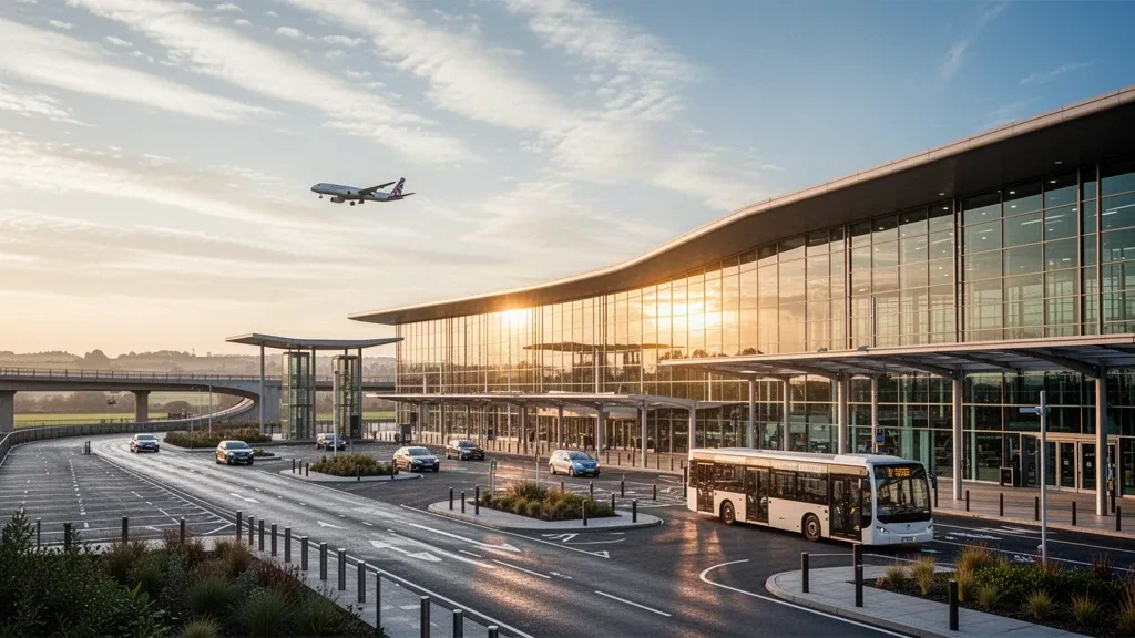 Modern glass terminal exterior at London Luton Airport with curving rooflines, drop-off lanes and warm golden-hour light