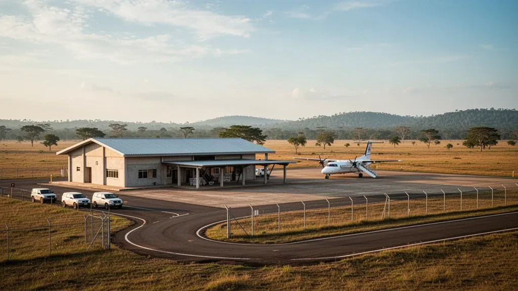 Petit terminal régional et tarmac ouvert à l'aéroport de Lethem dans la savane du Rupununi au Guyana, avec un turbopropulseur stationné sous une lumière dorée