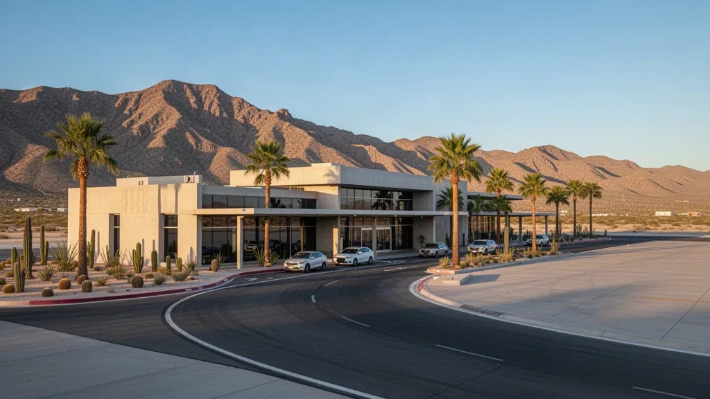 Modernes Terminalgebäude am Internacionaler Flughafen Loreto in Baja California Sur, umrahmt von Wüstenbergen im goldenen Licht