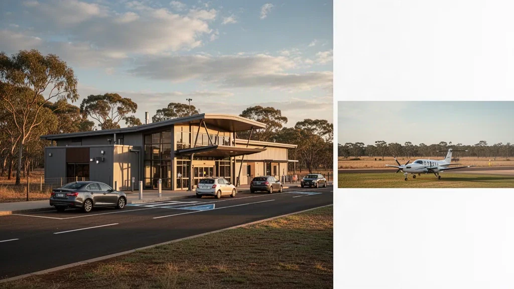 Lyndhurst Airport LTP terminal exterior at golden hour with drop-off lane, parked light aircraft and open rural landscape