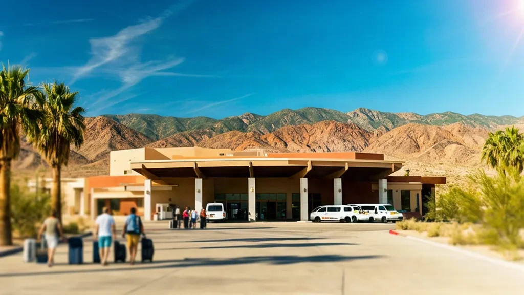 Esterno soleggiato del terminal LTO dell'Aeroporto Internazionale di Loreto in Baja California Sur con palme, viaggiatori e montagne del deserto sullo sfondo