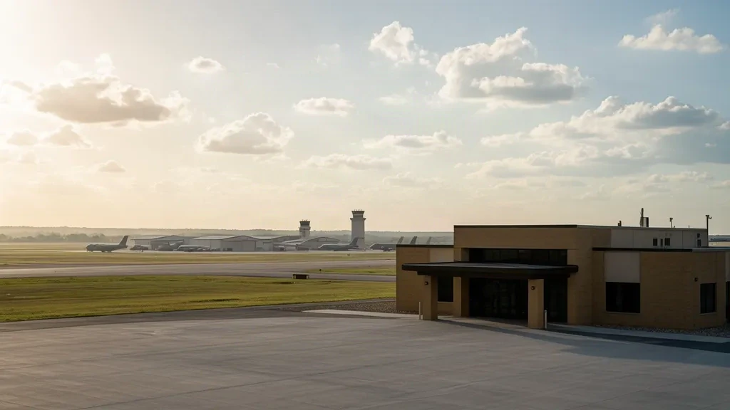 Außenansicht des Luftterminals und des Flugfelds der Altus Air Force Base in Oklahoma unter einem weiten Präriehimmel