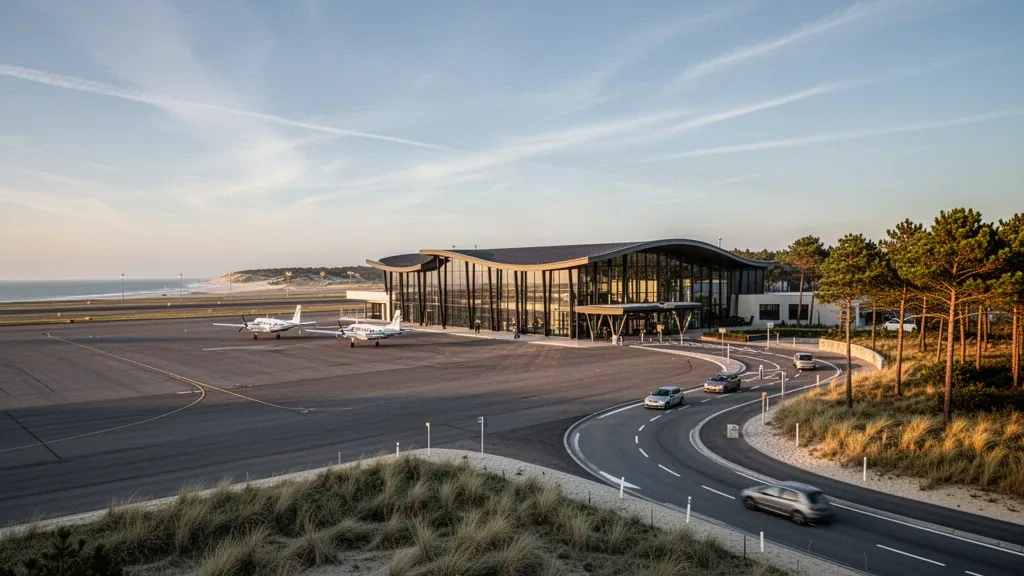 Kuzey Fransa'daki Le Touquet-Côte d'Opale Havalimanı'nda sıcak kıyı akşamı ışığı altında modern cam terminal, apron ve bırakma şeridi.
