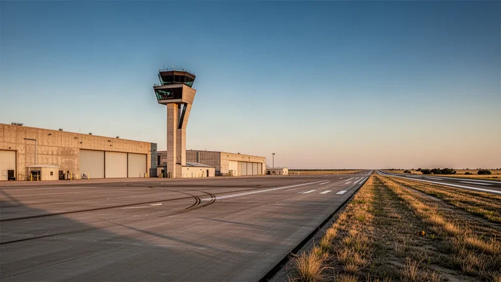 Vista amplia del campo de aviación, la torre de control y los hangares de la Base de la Fuerza Aérea de Altus en Oklahoma bajo una cálida luz de hora dorada