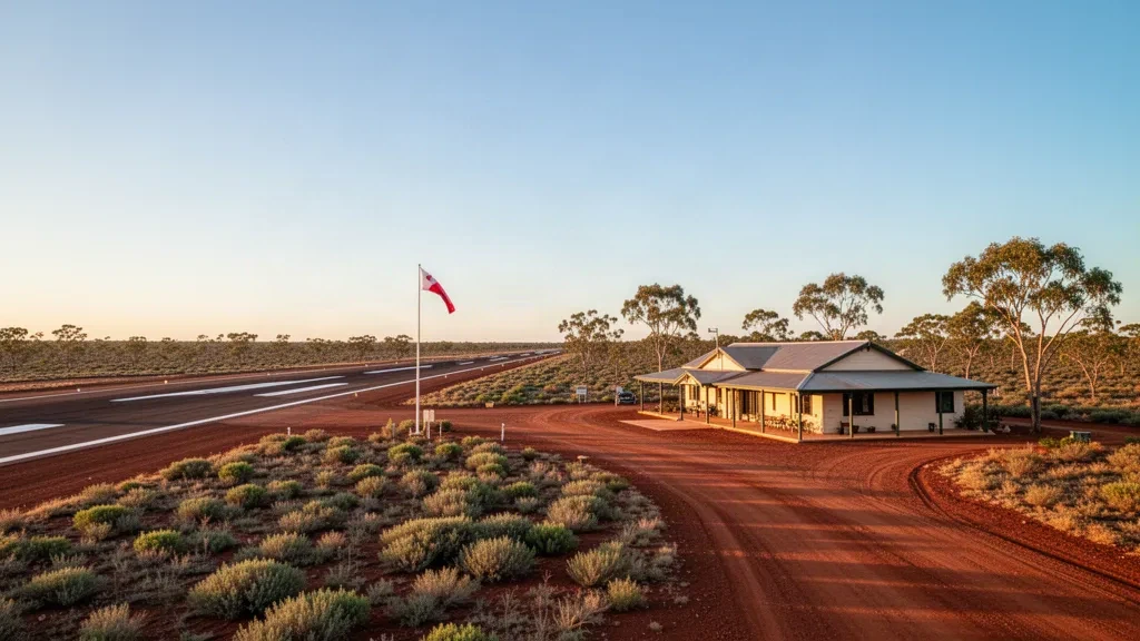 Pista remota del interior en el aeropuerto Lotus Vale, Queensland, Australia, con una pequeña terminal, pista de aterrizaje y paisaje árido bajo un cielo despejado.
