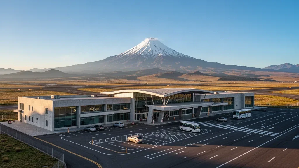 Terminal moderne et voies de dépose à l'aéroport international Cotopaxi à Latacunga, en Équateur, avec le volcan Cotopaxi à l'horizon à l'heure dorée