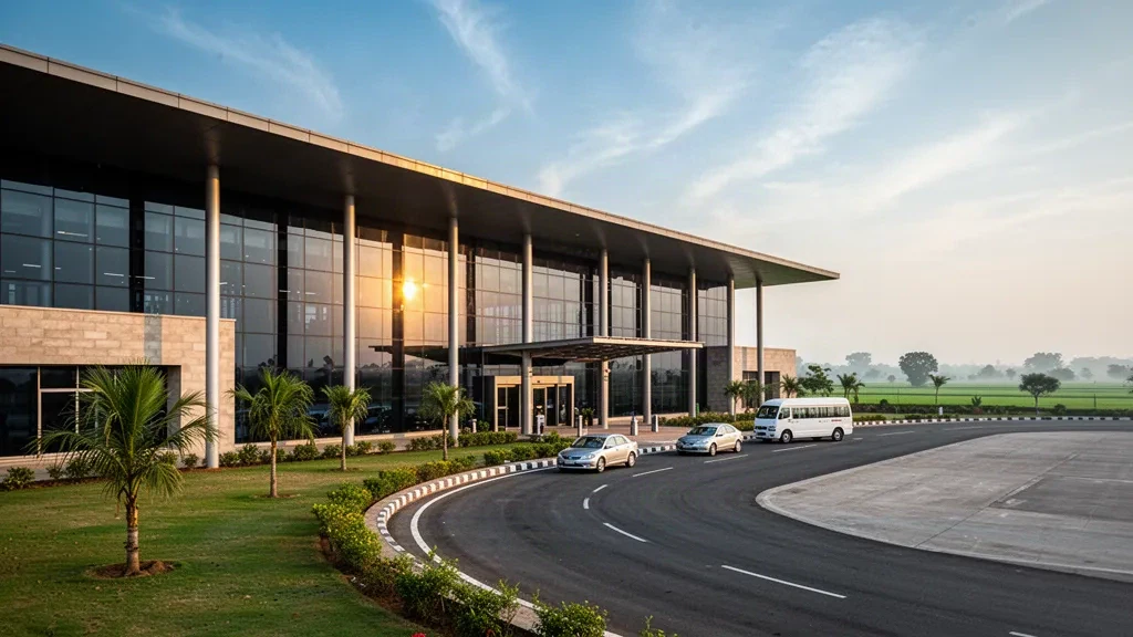 Fachada moderna de la terminal del aeropuerto de Latur y carril de descenso en la acera en Maharashtra, India, a la hora dorada