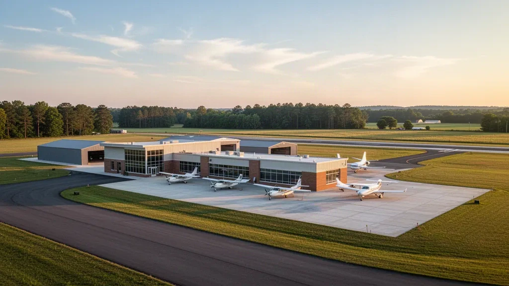 Petit terminal d'aviation générale, aire de trafic et avions légers à l'aéroport régional du comté de St. Mary's dans le sud du Maryland à l'heure dorée.