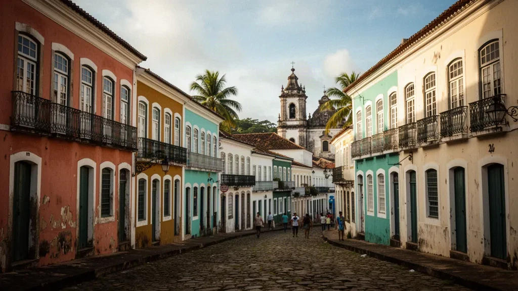 Salvador, Bahia, Brezilya'da tarihi merkez Pelourinho'da renkli sömürge dönemi binaları ve arnavut kaldırımlı sokak