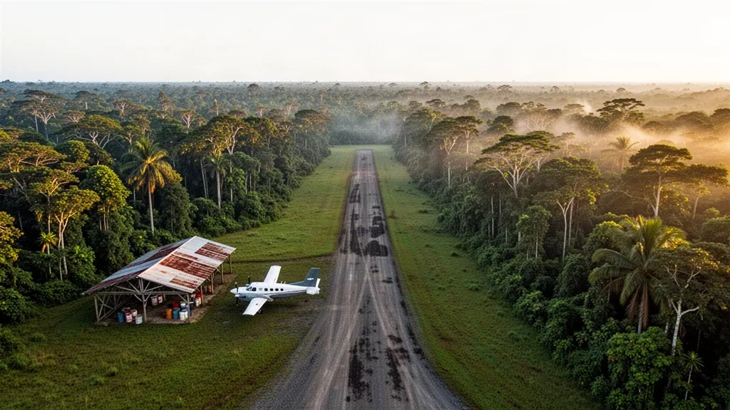 Pequeño turbohélice en la pista de hierba del aeropuerto de Lumid Pau, enmarcado por la densa selva tropical de Papúa Nueva Guinea bajo la cálida luz del final de la tarde