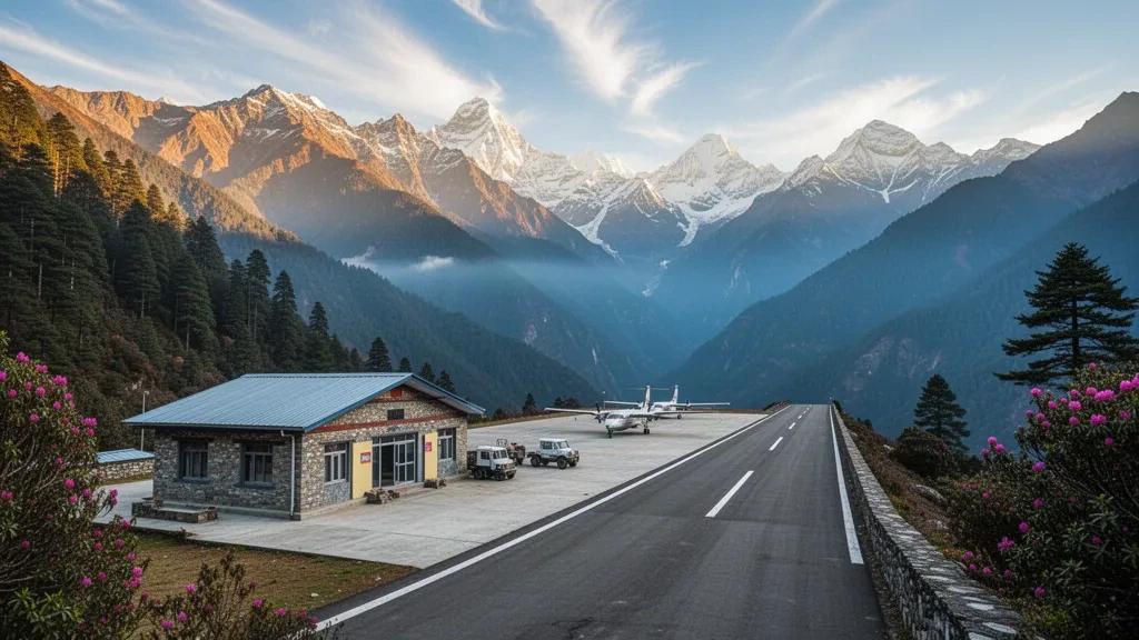 Pista in forte pendenza su un versante collinare e terminal in pietra dell'aeroporto Tenzing-Hillary a Lukla, Nepal, incorniciati dalle cime himalayane durante l'ora d'oro.