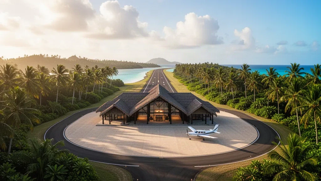 Pista di atterraggio su isola tropicale e terminal all'aperto dell'aeroporto di Laucala Island nelle Fiji, incorniciati da palme accanto alle acque turchesi del Pacifico