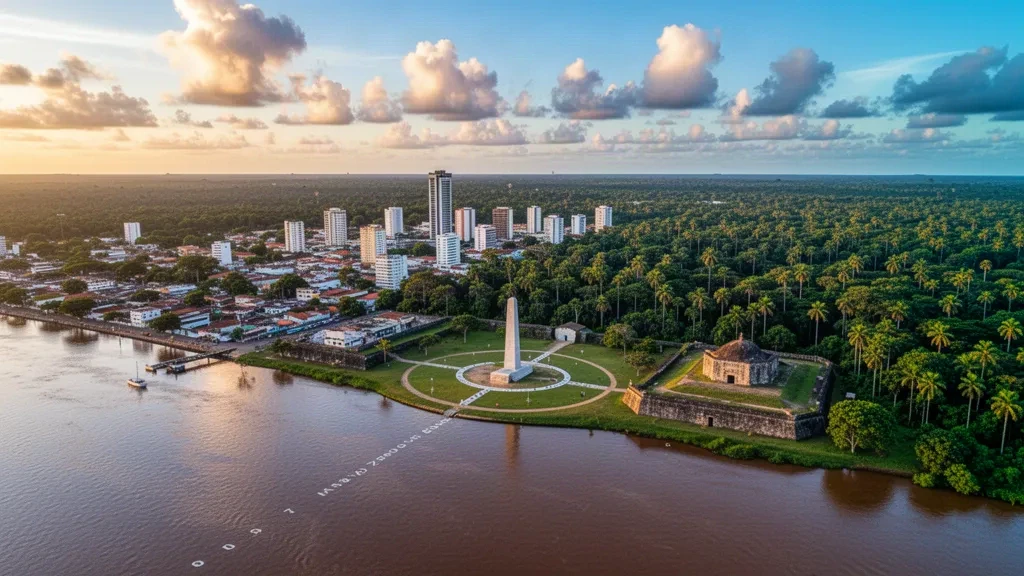 Macapá, Amapá, Brezilya'nın altın saatlerde Amazon Nehri, Ekvator anıtı ve şehir silüetini içeren havadan görünümü.