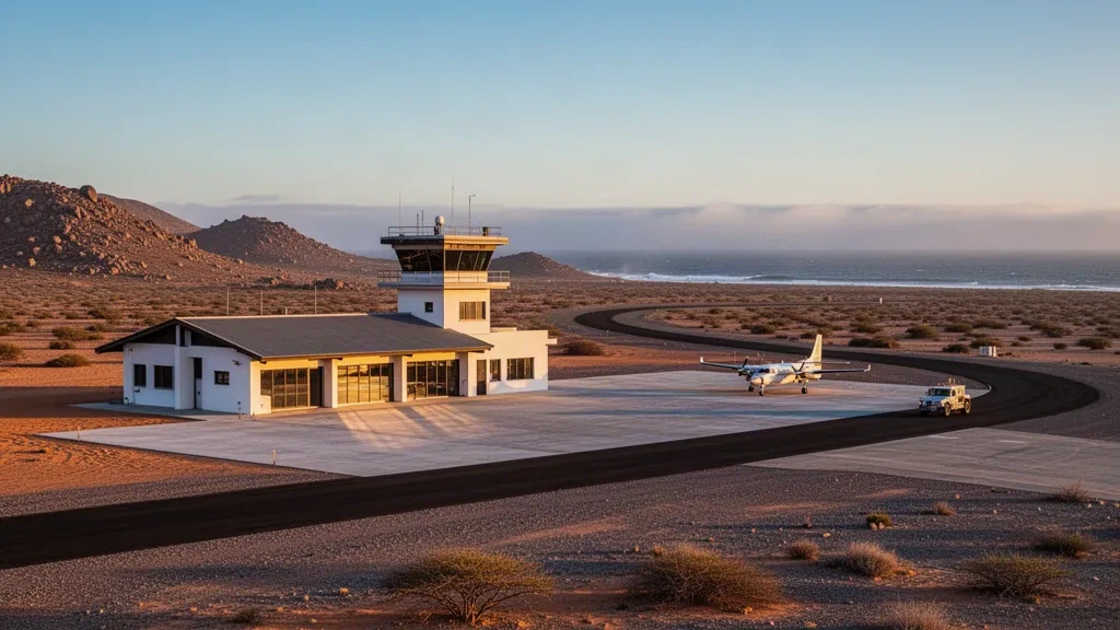Namibya'nın Atlantik kıyısı yakınında Namib çölünde altın saatte Lüderitz Havalimanı terminali ve pisti