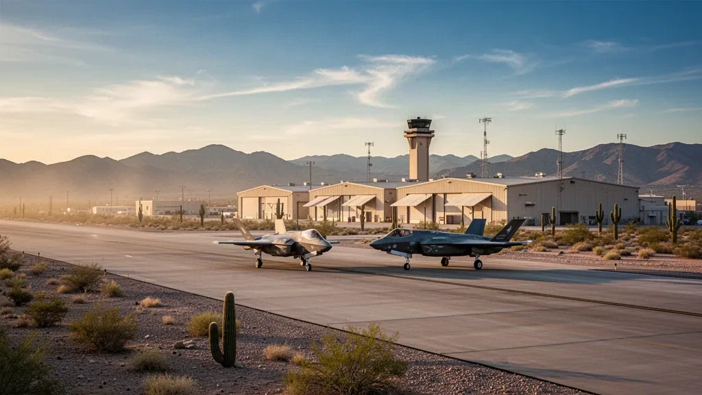 Blick zur goldenen Stunde auf die Luke Air Force Base in Arizona, mit Wüstengelände, Hangars, einem Kontrollturm und Kampfjets auf dem Rollfeld.