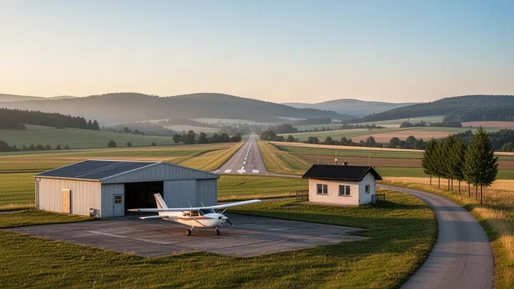Pequeño aeródromo de aviación general cerca de Lučenec, Eslovaquia, con una aeronave ligera, un hangar y una pista de aterrizaje a la hora dorada