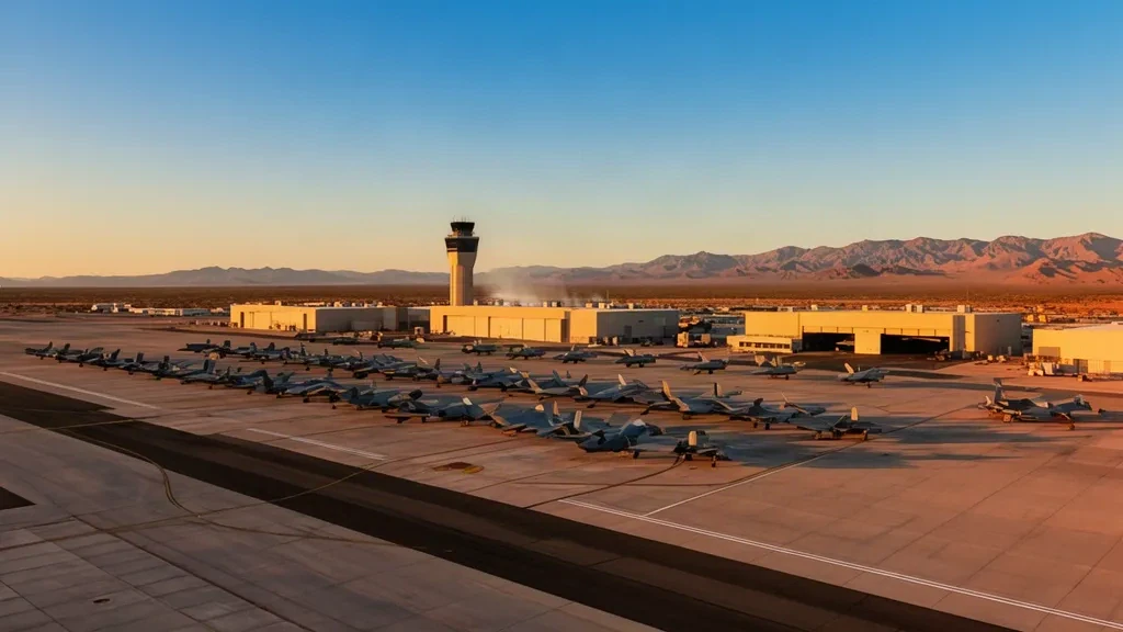 Veduta ampia della linea di volo della base aerea di Luke in Arizona con jet F-35A, hangar, torre di controllo e montagne desertiche nell'ora dorata.