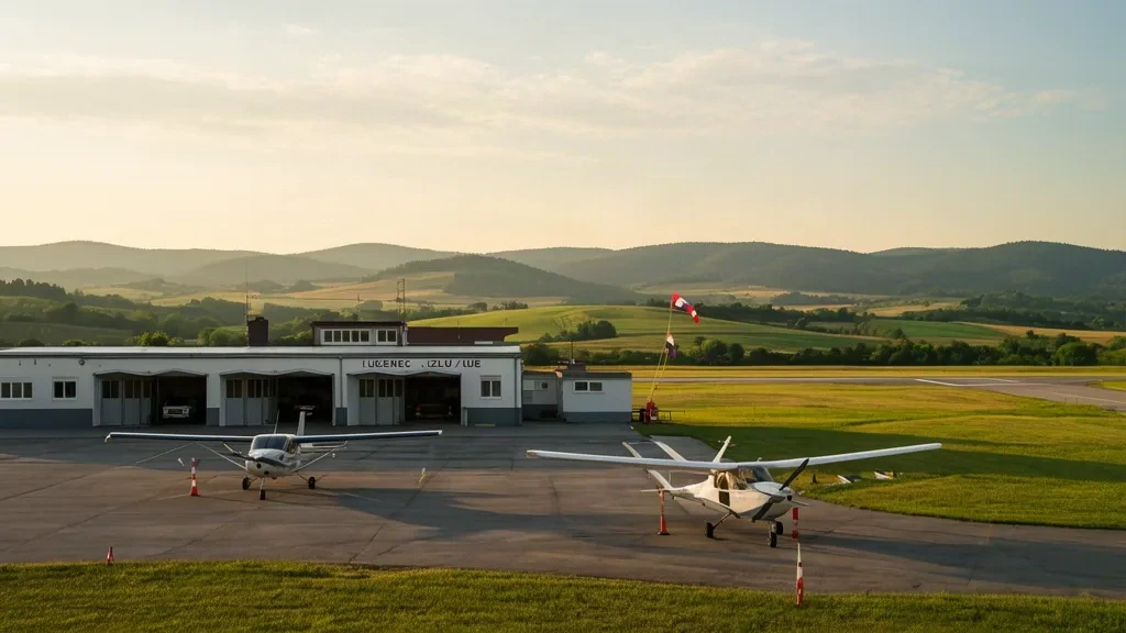 Aereo leggero e aliante parcheggiati sul piazzale dell'aviosuperficie di Lučenec in Slovacchia, con hangar, una manica a vento e dolci colline verdi nella luce dell'ora d'oro.